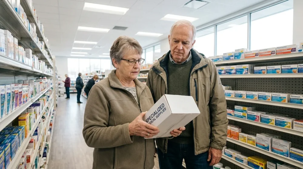 A couple in a pharmacy aisle looking at medical supplies, representing the tangible costs of healthcare in retirement.