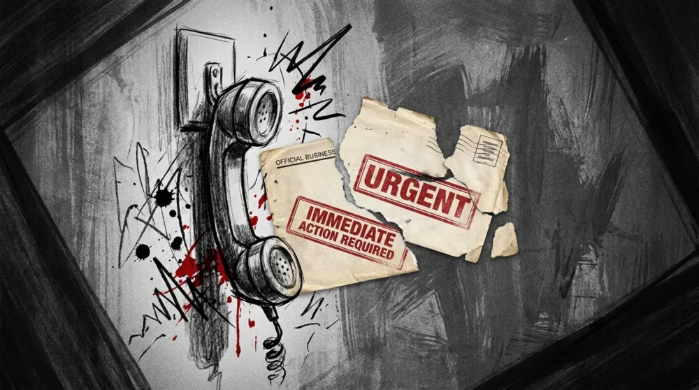 A dark, conceptual mixed-media image of a telephone and 'Urgent' envelopes, symbolizing predatory scams.