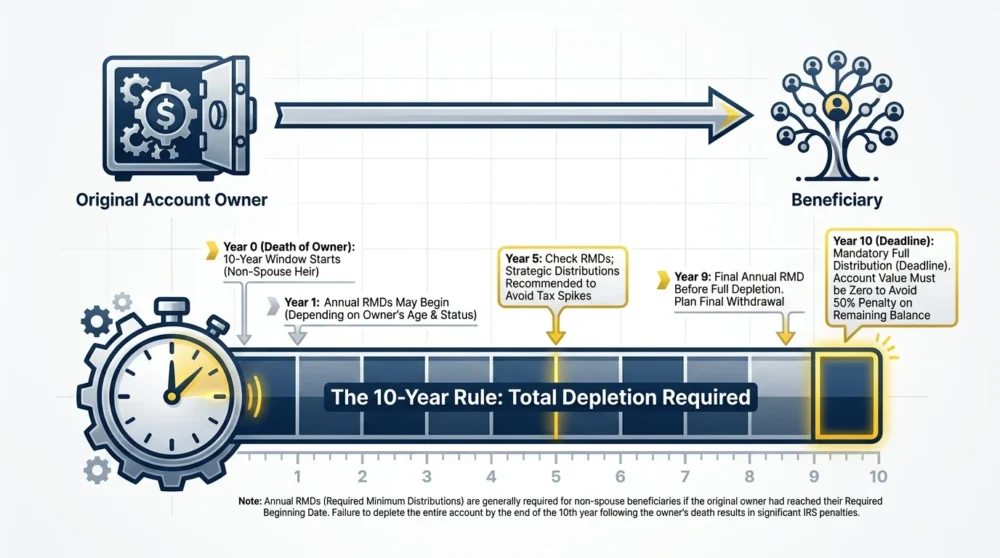A diagram illustrating the 10-year rule for inherited IRAs, showing a timeline for account depletion.