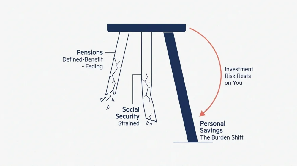 A diagram of a three-legged stool representing the components of retirement: Pensions, Social Security, and Personal Savings.