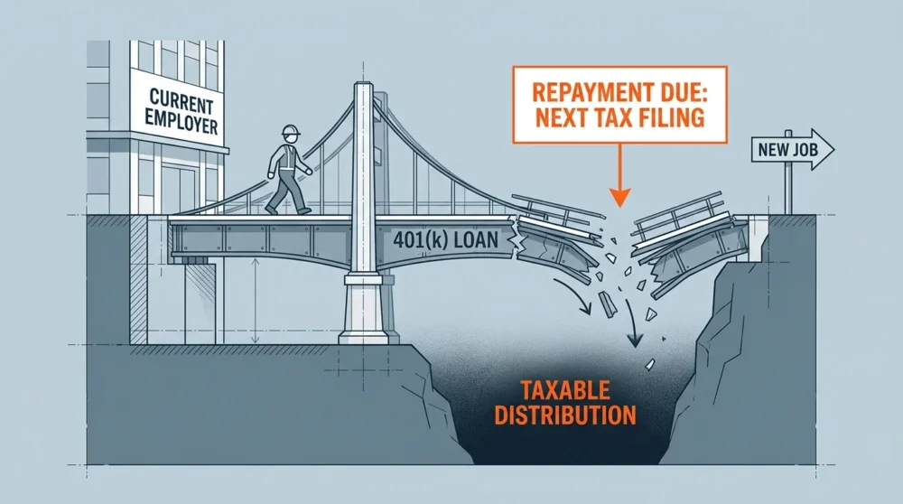 A diagram showing a crumbling bridge between a job change and a 401k loan, leading to a taxable distribution.