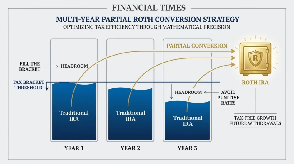 A diagram showing how to fill a tax bracket to the ceiling with Roth conversions over several years.