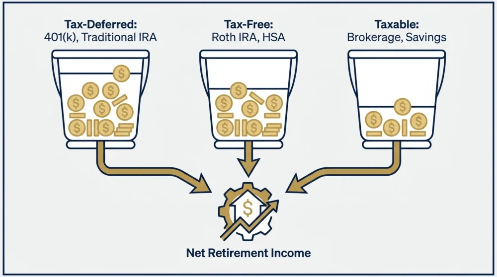 A diagram showing three buckets of retirement accounts: Tax-Deferred, Tax-Free, and Taxable.