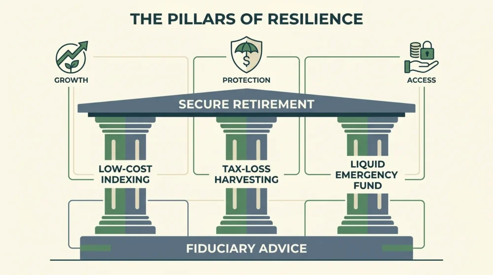 A diagram showing three pillars labeled Low-Cost Indexing, Tax Efficiency, and Liquidity supporting a secure retirement.