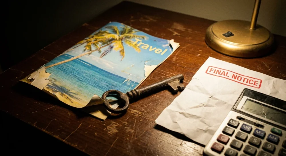 A faded resort brochure and a heavy key on a wooden desk, symbolizing the burden of a timeshare.