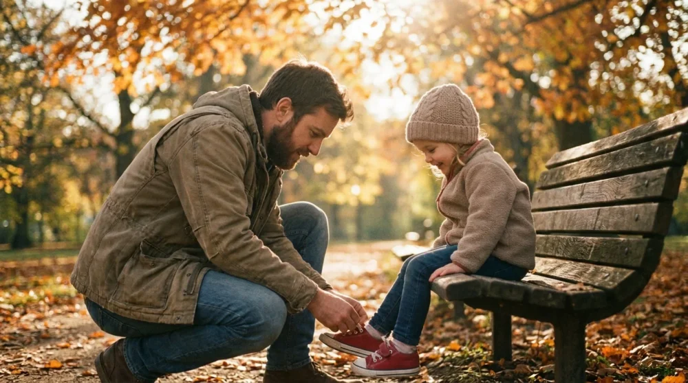 A father helping his daughter tie her shoes in a sunlit park, representing family protection.