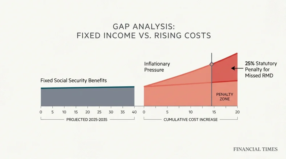 A financial diagram showing the gap between Social Security and living expenses, highlighted by a 25 percent penalty marker.