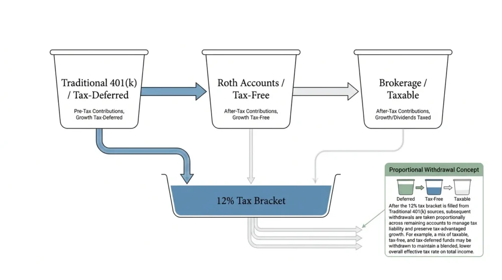 A financial diagram showing the strategic withdrawal sequence between traditional, Roth, and taxable accounts.