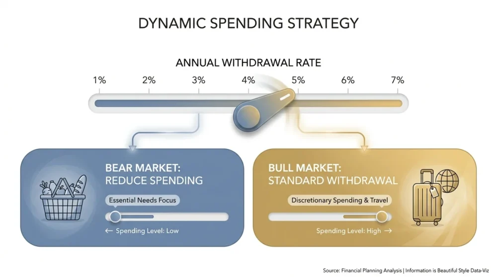 A financial dial diagram showing how retirement withdrawal rates should adjust between 3 percent and 5 percent based on market conditions.