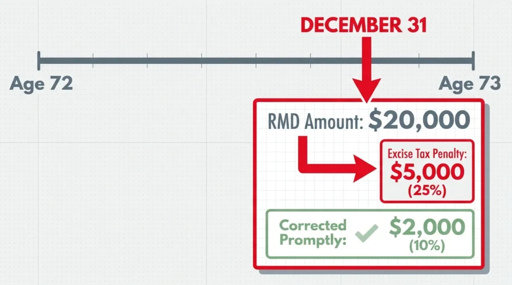 A financial timeline showing the December 31 RMD deadline and a calculation of a $5,000 penalty on a $20,000 distribution.