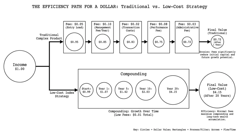 A flowchart comparing a dollar losing value to fees in complex products versus growing in a low-cost strategy.