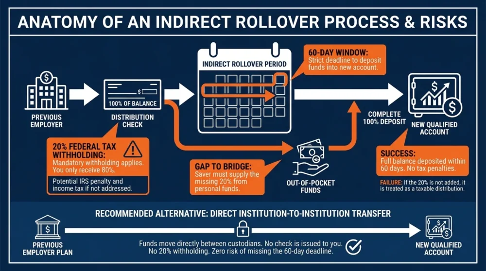A flowchart showing the 60-day indirect rollover window and the 20% mandatory tax withholding requirement.