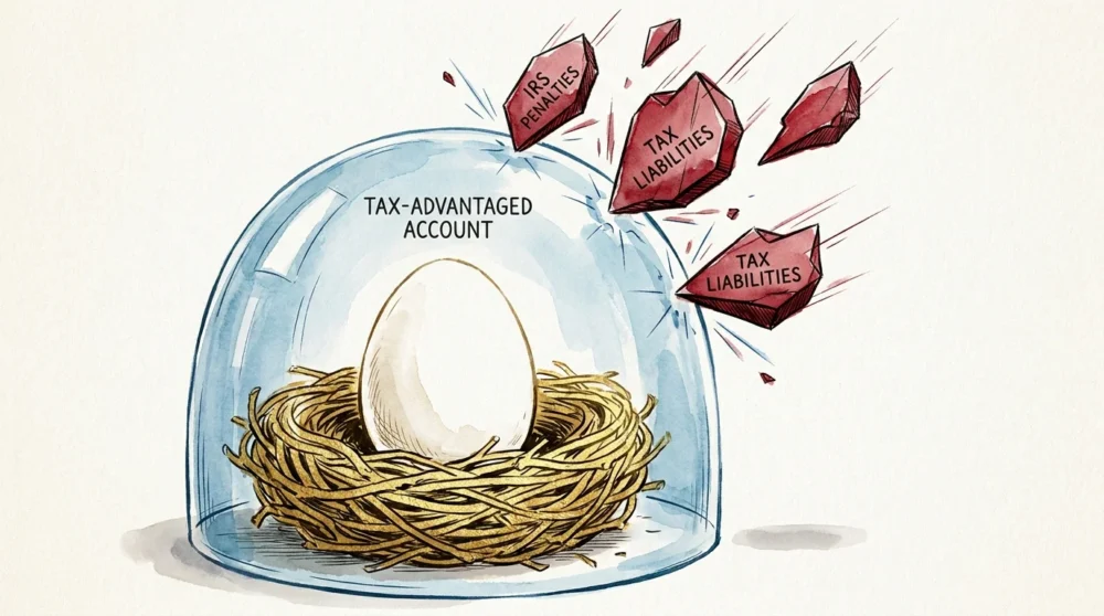 A golden nest with a large egg protected by a glass dome from sharp red shapes labeled IRS penalties.