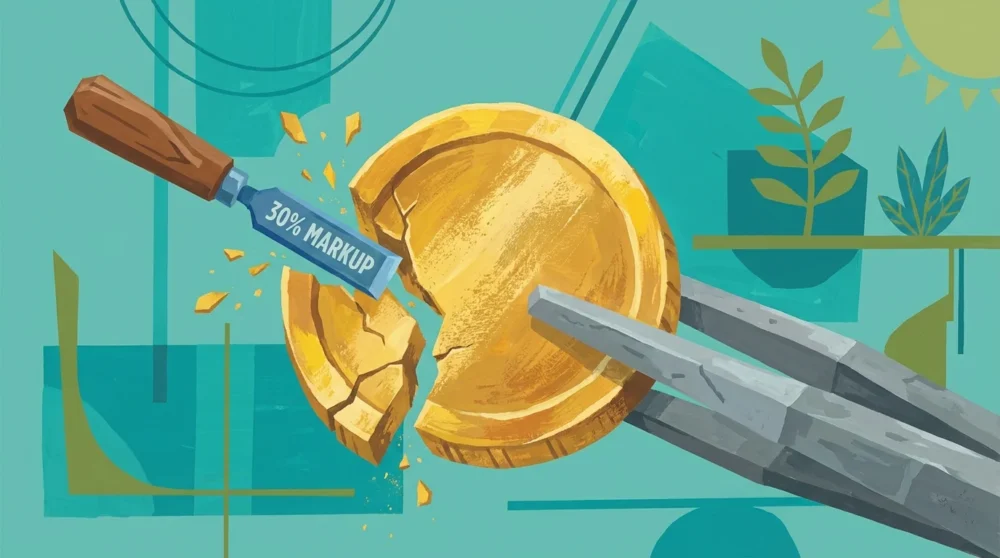 A gouache illustration of a gold coin being chipped away by a tool labeled 30% Markup.
