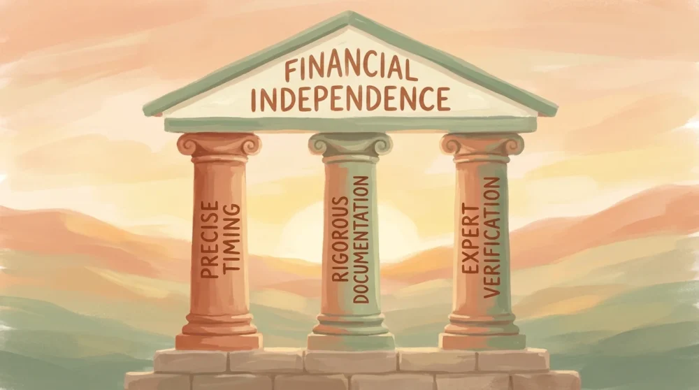 A gouache painting of three pillars labeled timing, documentation, and verification supporting a financial future.
