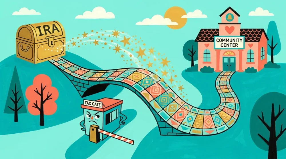 A graphic illustration showing funds moving directly from an IRA to a charity, bypassing a tax gate.