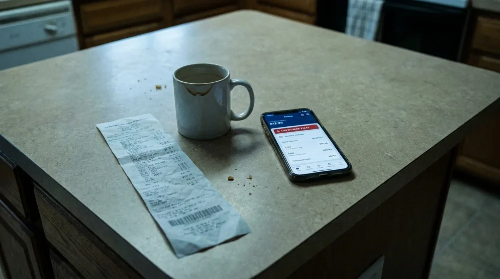 A grocery receipt and a smartphone on a kitchen counter, reflecting economic pressure.
