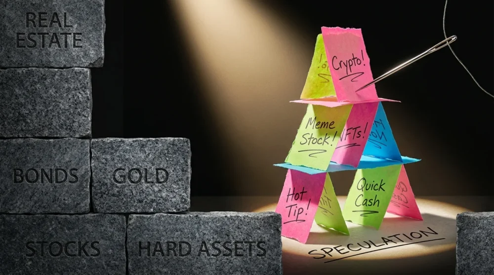 A house of cards built from neon slips labeled 'Crypto' and 'Hot Tip' standing next to a solid stone block.