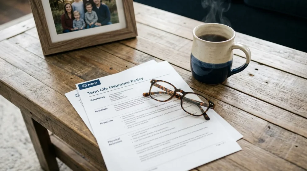 A life insurance policy document and a cup of coffee on a wooden table.