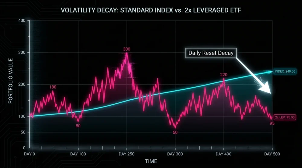 A line graph comparing a steady index to a volatile leveraged fund that loses value over time due to decay.