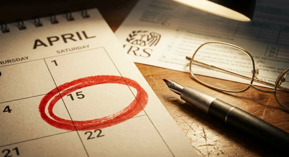 A macro close-up of a red circle on a calendar date next to a fountain pen and reading glasses.