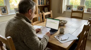 A man at a kitchen table reviewing financial documents and a laptop in a sunlit home, representing retirement planning.