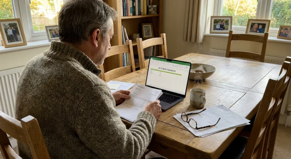 A man at a kitchen table reviewing financial documents and a laptop in a sunlit home, representing retirement planning.