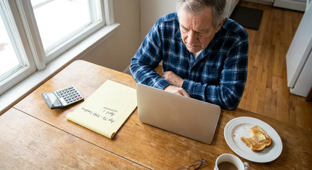 A man at his kitchen table looking at a laptop with a note about the Age 73 RMD deadline on April 1st.