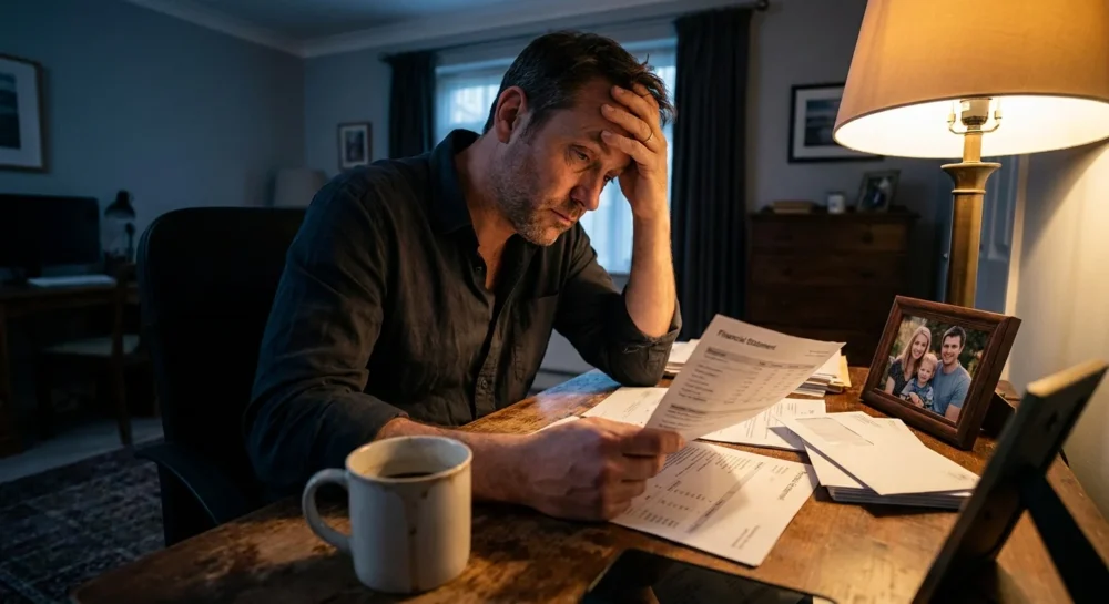 A man in a home office looks confused at a financial statement under a desk lamp, suggesting the complexity of wealth management.