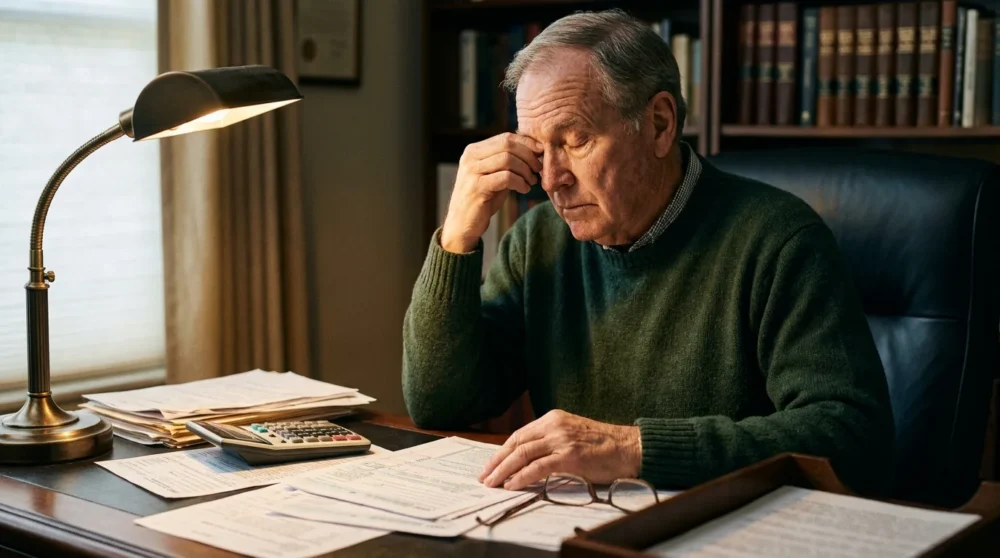 A man in his 70s concentrates on tax paperwork at a wooden desk in a warmly lit home study.