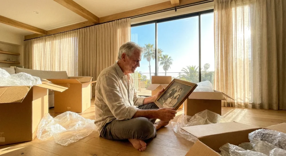 A man unpacking a framed photo in a bright, sun-filled room with palm trees visible through the window.