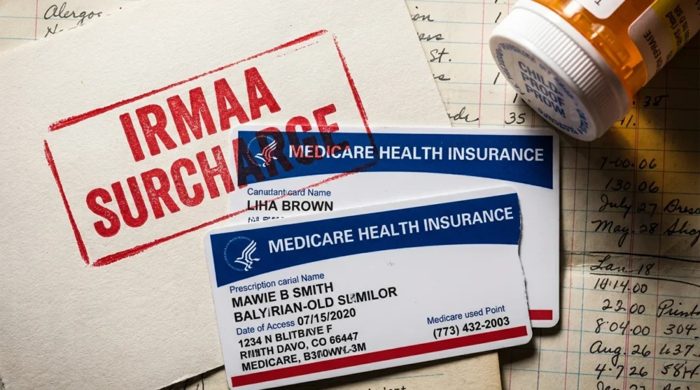 A Medicare card with a red 'IRMAA Surcharge' stamp, representing hidden retirement costs.