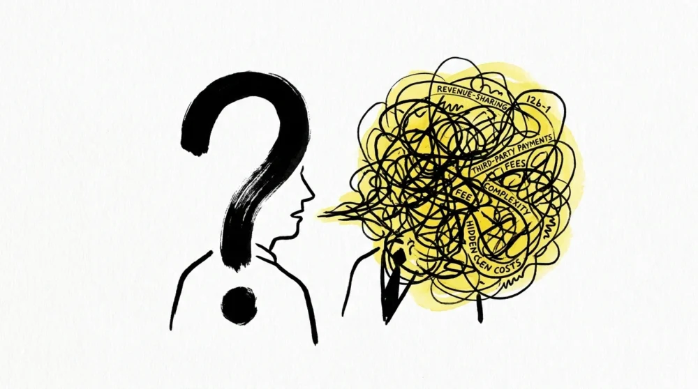 A minimalist illustration of a simple question being met with a tangled, confusing response about compensation.