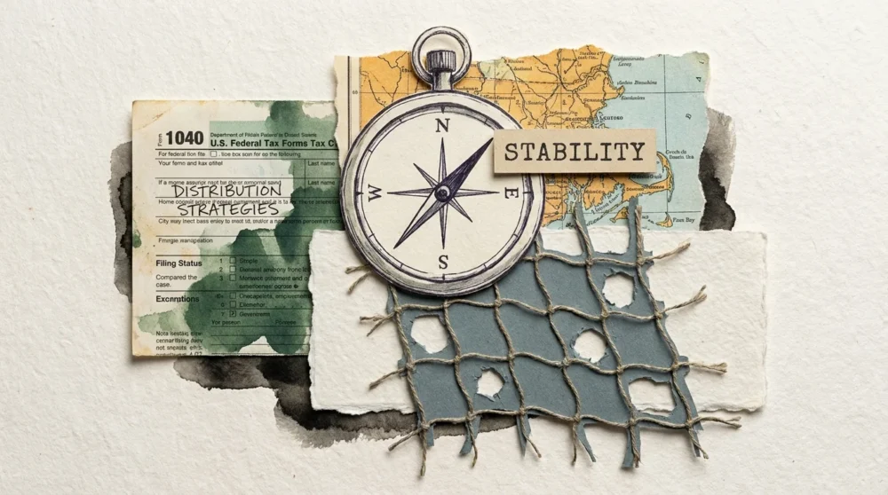 A mixed-media collage of a map, tax forms, and a frayed safety net, symbolizing retirement pitfalls.