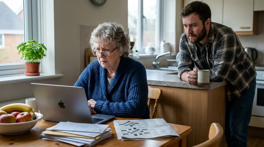 A mother and adult son having a serious conversation in a kitchen with a laptop and paperwork on the table.