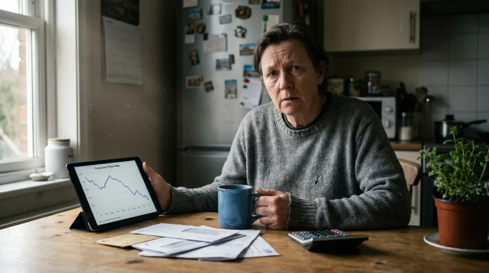 A person at a kitchen table looking at inflation data on a tablet next to bills and coffee.