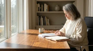 A person in their late 60s calmly reviews financial documents at a sunlit wooden desk in a home office.