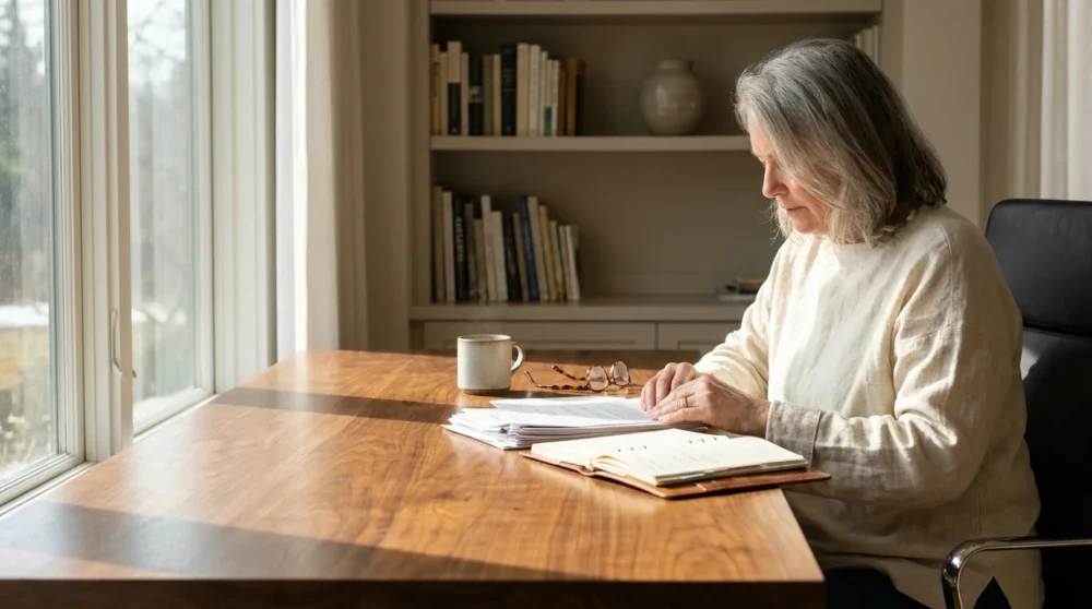 A person in their late 60s calmly reviews financial documents at a sunlit wooden desk in a home office.