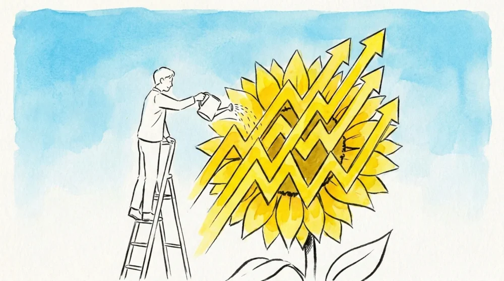 A person watering a giant sunflower made of upward-trending market charts.
