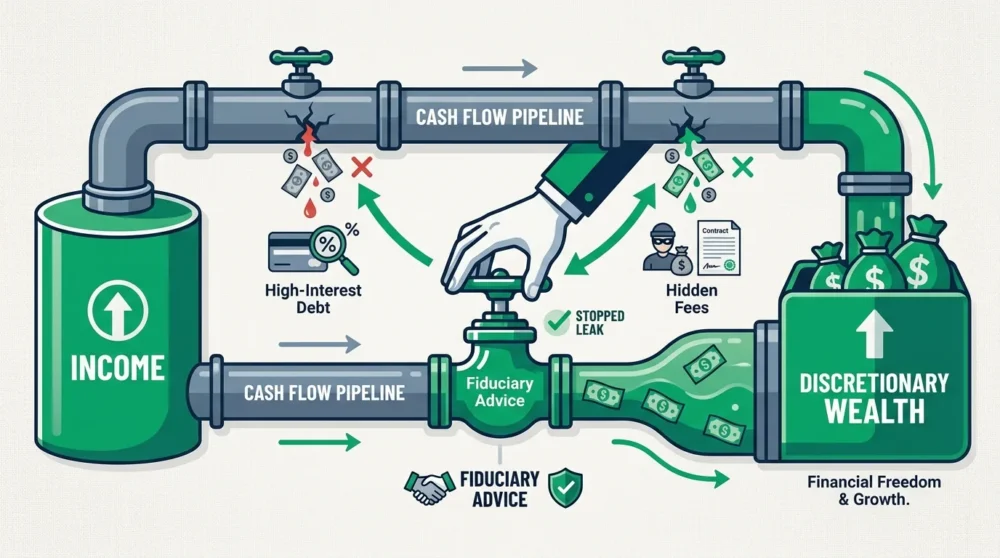 A pipeline diagram showing income flow being optimized by stopping 'leaks' from debt and fees.