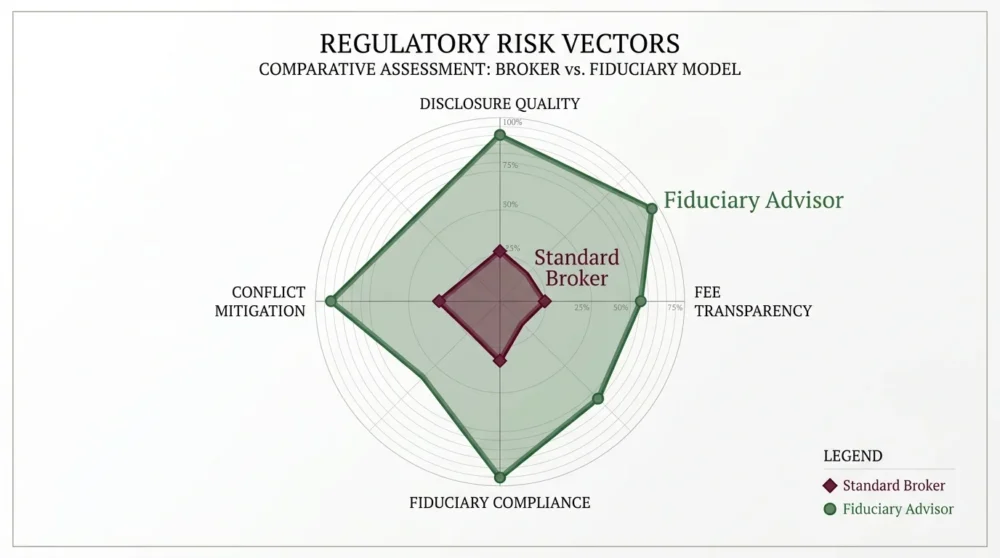 A radar chart comparing a fiduciary advisor's compliance and transparency against a standard broker.