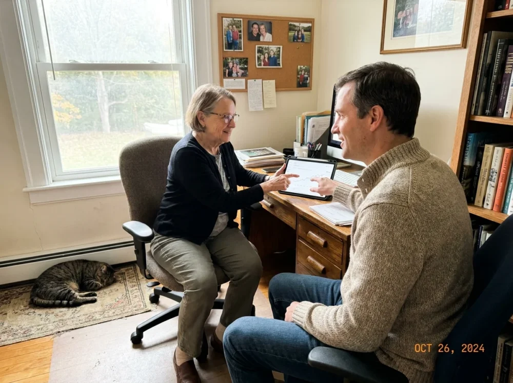 A retiree and a financial advisor in a casual home office looking at a tablet together.
