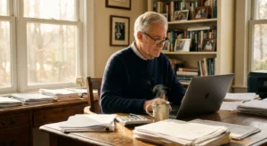 A retiree reviews financial paperwork at a sunlit home desk, representing careful retirement planning.