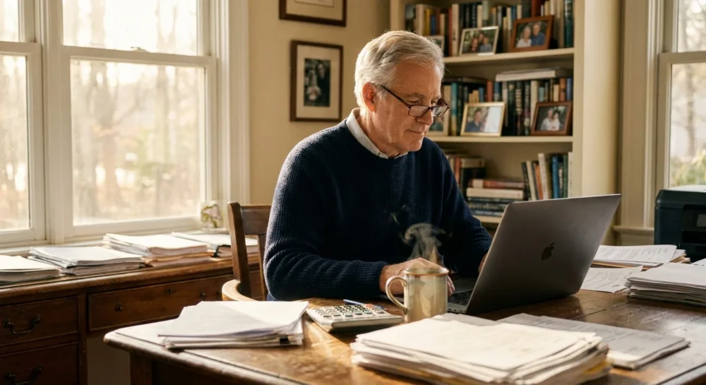 A retiree reviews financial paperwork at a sunlit home desk, representing careful retirement planning.