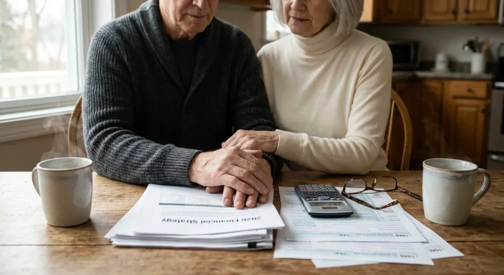 A senior couple at home reviewing tax documents and a calculator on a wooden table in soft morning light.