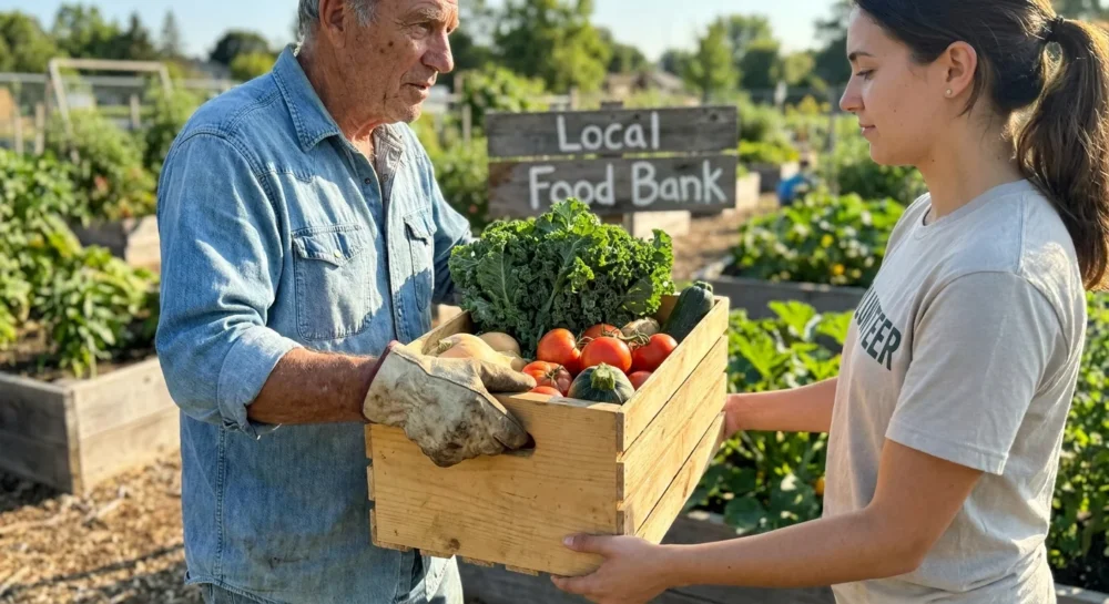 A senior man in a denim shirt handing a crate of fresh vegetables to a volunteer at a community garden.
