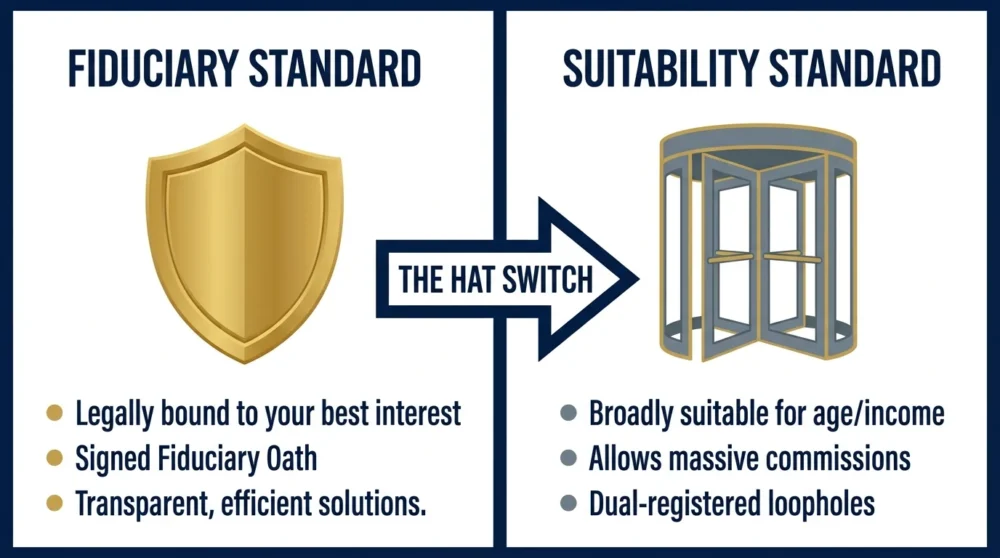 A side-by-side comparison diagram showing the differences between Fiduciary and Suitability standards in financial advice.