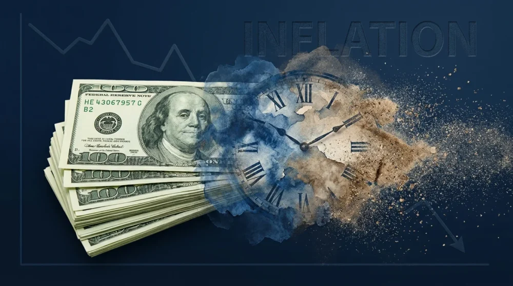A stack of cash dissolving into sand and clock gears, symbolizing the loss of purchasing power to inflation.