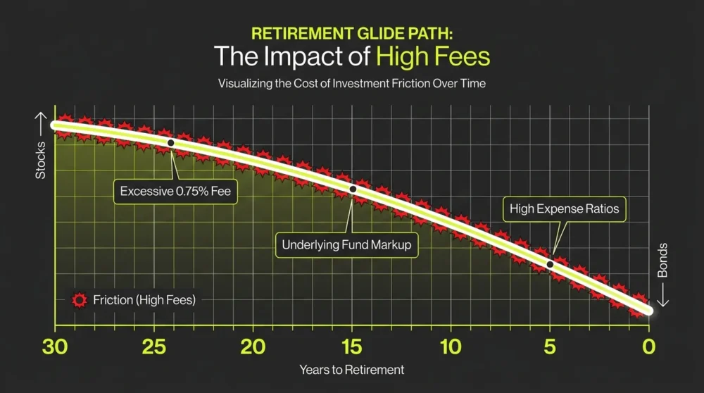 A timeline diagram showing an investment glide path with red icons indicating where high fees create friction.