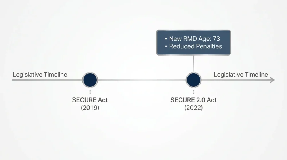 A timeline diagram showing the SECURE Act and SECURE 2.0 Act milestones and their impact on retirement rules.